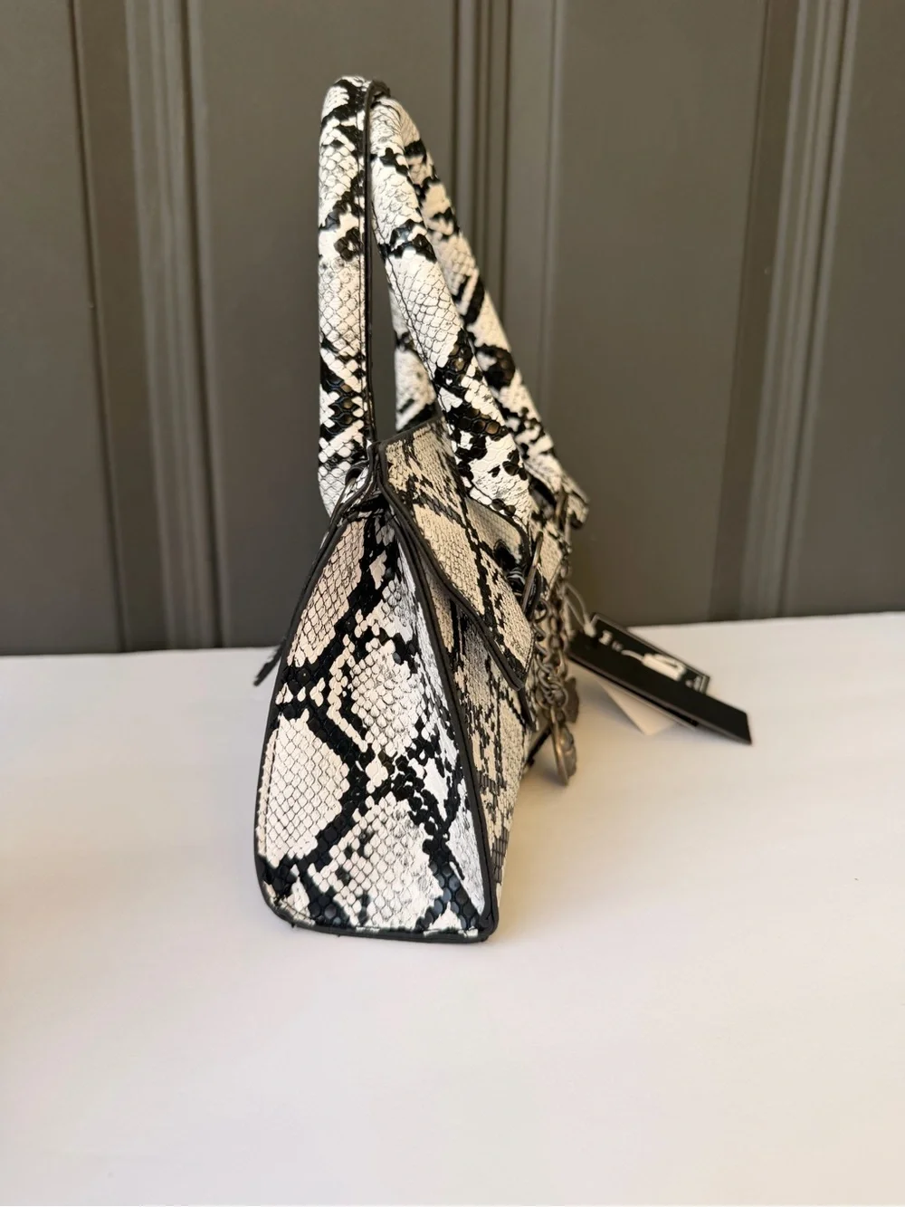 Ed Hardy White & Black Snake-Print Satchel with Charm Accents